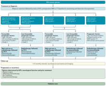 Management of IDH-mutant gliomas, with astrocytomas at center and right. Management of IDH-mutant glioma.png