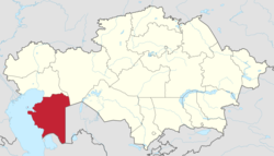 Map of Kazakhstan, location of Mangystau Province highlighted