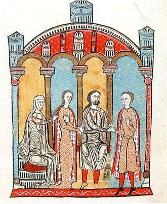 Gausfred (right) is being betrothed to Ermengard, standing between her mother (Cecilia of Provence) and her father (Bernard Ato) Mariage of Ermengard of Carcassonne and Gausfred III of Roussillon.JPG