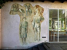 Martin Alfred Christ (1900–1979) Maler, Zeichner, Grafiker. Wandbild 1942, Eltern und Kinder. Schulhaus-Bruderholz, Basel.