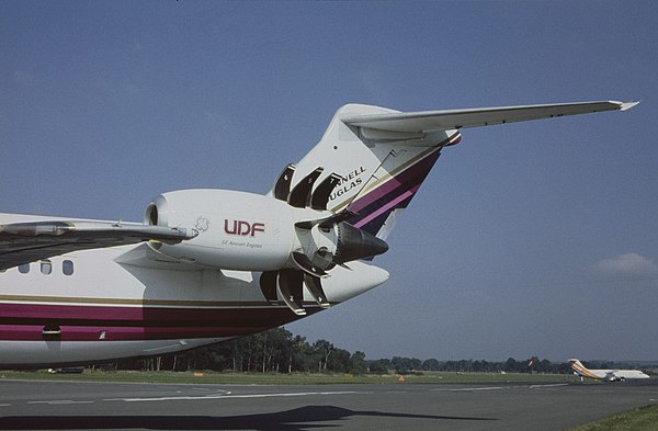 The GE36 on a McDonnell Douglas MD-80 demonstrator at the 1988 Farnborough Air Show. The gearless unducted fan engine had an overall diameter of 11.67