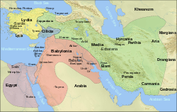 The alleged extent of the Median Empire (in green) in the 6th century BC.
