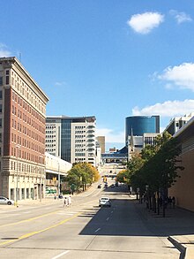 A view toward the Medical Mile on Michigan Street with the Secchia Center visible on the left and the Helen DeVos Children's Hospital on the right. Medical Mile Michigan Street.jpeg