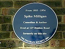 Spike Milligan plaque (erected 2004, pictured September 2005) Milligan plaque.jpg