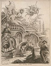 A. Avelin after Mondon le Fils. Chinese God. An engraving from the ouvrage «Quatrieme livre des formes, orneė des rocailles, carteles, figures oyseaux et dragon» 1736