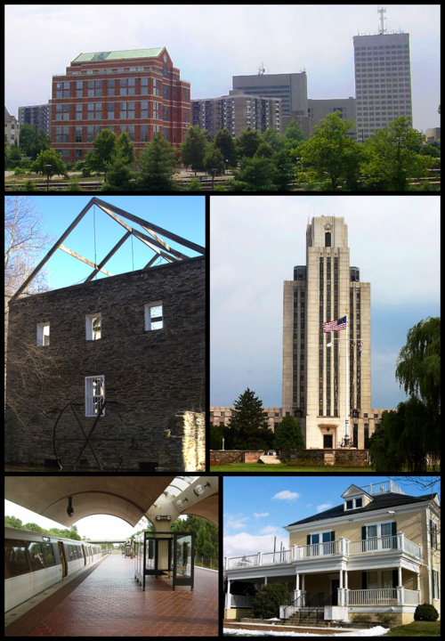 Downtown Rockville in 2001, the Black Rock Mill in 2006, the National Naval Medical Center in 2003, Shady Grove in 2004, and the Gaithersburg city hall in 2007.