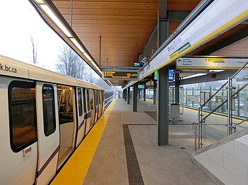 Moody Centre station, an island-platformed SkyTrain station in Metro Vancouver, British Columbia