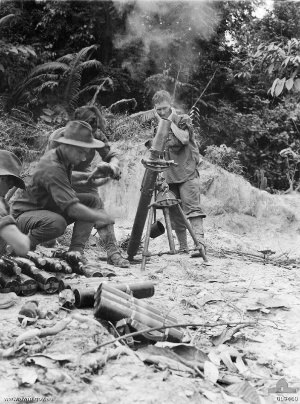 A 3-inch mortar team from 2/48th Battalion during the fighting on Tarakan