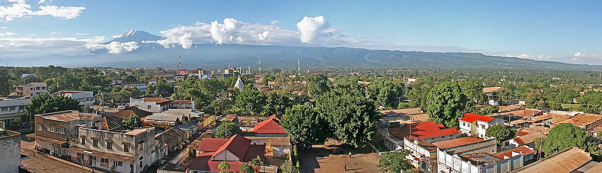 A Moshi panorama with Mount Kilimanjaro in the background.