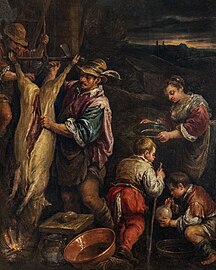  Attributed to Francesco Bassano (II). Farmer skinning a pig label QS:Len,"Farmer skinning a pig" label QS:Lfr,"Paysan écorchant un porc" label QS:Lit,"Contadino scuoiare un maiale" . oil on canvas medium QS:P186,Q296955;P186,Q12321255,P518,Q861259 . 57 × 44 cm (22.4 × 17.3 in). Musée Ingres-Bourdelle, Montauban