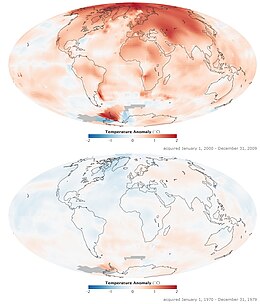 Répartition spatiale du réchauffement climatique : le graphique montre les anomalies de température pour la période 2000-2009 (en haut), la décennie la plus chaude jamais mesurée, et en comparaison les années 1970-1979. Les anomalies sont représentées, c'est-à-dire les écarts par rapport à la moyenne à long terme de la période 1951-1980, et non les températures absolues.