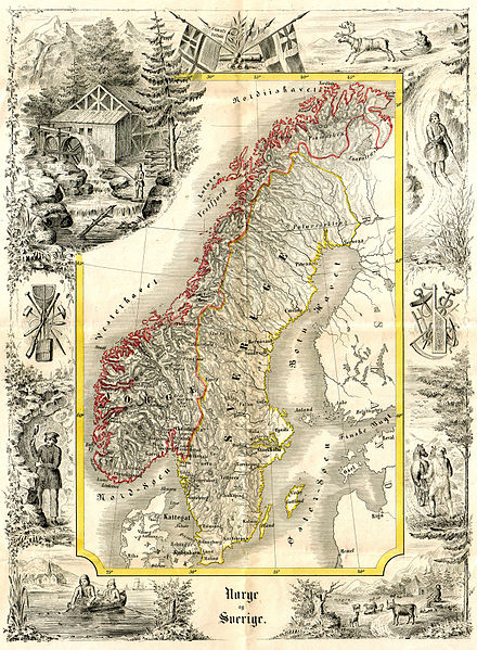 Map of Norway and Sweden in 1847, by Peter Andreas Munch