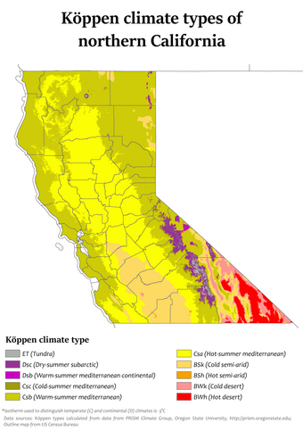 Köppen climate types in northern California