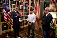 President Barack Obama meets with Hyneman and Adam Savage in the White House Library on July 27, 2010 Obama Hyneman Savage - Oct 2010.jpg