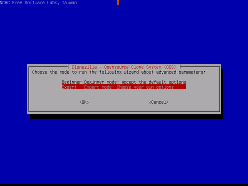 Clonezilla modo experto: 1-elección modo experto