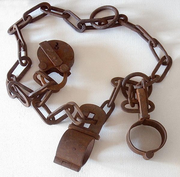 Iron wrist shackles with chains and padlock; Germany c. 17th century