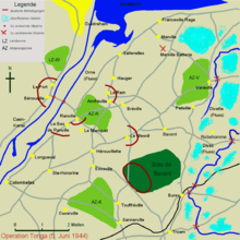 Map showing the DZ and Battalion objectives on the rivers Dives and Divette. Operation Tonga - Karte.png