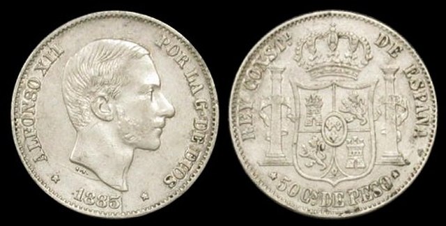 Silver 50-céntimo coin issued from 1864 until the 1890s