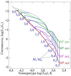 Эволюционные треки протозвёзд разной массы в период их медленного сжатия (синий цвет) и их изохроны (отмечены разными цветами)