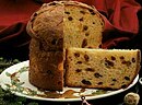 Panettone, a slightly sweet bread with peel and raisins (Italian)