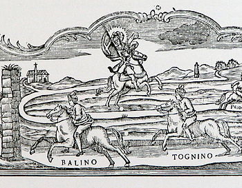 The ancient course of the Palio, from an 18th-century engraving. The ancient church of San Lazzaro and the cippo del pilone (stone pylon - the starting point of the race) are visible in the background; San Secondo of Asti, to whom the race is dedicated, is in the center, and in the foreground two competitors are about to enter the city through the gate of San Pietro. Part corsa del palio di asti XVIII secolo.jpg