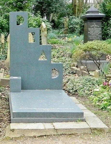 Patrick Caulfield's grave in Highgate Cemetery, with headstone simply stating "DEAD", designed by Caulfield himself