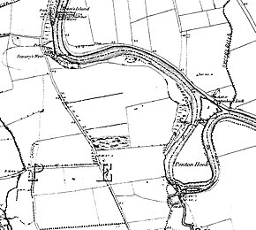 Extract from Map of Middlesex, Ordnance Survey, 1868-1883. This notes a defunct site of Savory's Weir (in the north west) above today's weir then in place, with Penton Hook in the south east Penton Hook and Savory's Weir.jpg