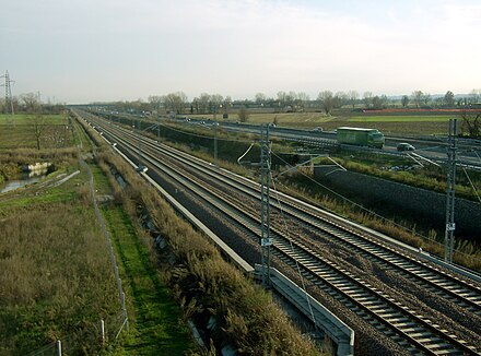 Milan–Bologna high-speed railway runs mostly parallel to the Milan-Naples highway