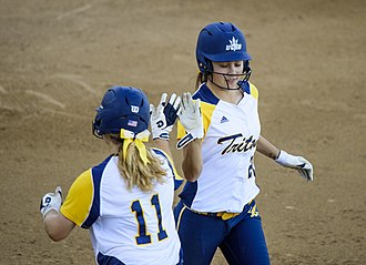 A pinch runner is substituted into a UC San Diego Tritons softball game Pinch Runner (15902821374).jpg