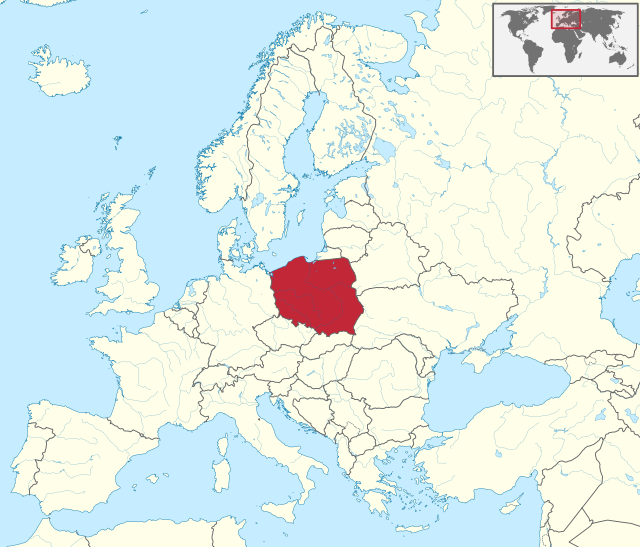 Carte administrative de l'Europe, montrant la Pologne en rouge.