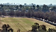 Polo field and downtown Los Angeles from the park Polo field Will Rogers Historic Park Los Angeles 20160522 094403847.jpg