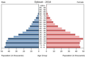 English: The population pyramid of Djibouti illustrates the age and sex structure of population and may provide insights about political and social stability, as well as economic development. The population is distributed along the horizontal axis, with males shown on the left and females on the right. The male and female populations are broken down into 5-year age groups represented as horizontal bars along the vertical axis, with the youngest age groups at the bottom and the oldest at the top. The shape of the population pyramid gradually evolves over time based on fertility, mortality, and international migration trends. Українська: Віково-статева піраміда населення Джибуті за 2014 рік. Вона дає наочне уявлення про вікову і статеву структура населення країни, може слугувати джерелом інформації про політичну і соціальну стабільність, економічний розвиток. Блакитними кольорами ліворуч, у вигляді горизонтальних смуг показані вікові групи (з кроком 5 років кожна) чоловічої статі, праворуч рожевими — жіночої. Наймолодші вікові групи — внизу, найстаріші — вгорі. Форма піраміди поступово еволюціонує з плином часу під впливом чинників народжуваності, смертності і світової міграції.