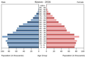 English: The population pyramid of Kosovo illustrates the age and sex structure of population and may provide insights about political and social stability, as well as economic development. The population is distributed along the horizontal axis, with males shown on the left and females on the right. The male and female populations are broken down into 5-year age groups represented as horizontal bars along the vertical axis, with the youngest age groups at the bottom and the oldest at the top. The shape of the population pyramid gradually evolves over time based on fertility, mortality, and international migration trends. Українська: Віково-статева піраміда населення Косова за 2016 рік. Вона дає наочне уявлення про вікову і статеву структура населення країни, може слугувати джерелом інформації про політичну і соціальну стабільність, економічний розвиток. Блакитними кольорами ліворуч, у вигляді горизонтальних смуг показані вікові групи (з кроком 5 років кожна) чоловічої статі, праворуч рожевими — жіночої. Наймолодші вікові групи — внизу, найстаріші — вгорі. Форма піраміди поступово еволюціонує з плином часу під впливом чинників народжуваності, смертності і світової міграції.