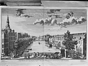Een oude ongedateerde prent van een onbekend tekenaar waarop de ophaalbrug te zien is (middelste brug), links de Zuiderkerk, tekst vermeldt Kolverniersburgwal, een oude aanduiding van de gracht