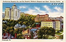 A picture of Presbyterian Hospital, Eye and Ear Hospital, and the Oakland Children's Hospital. Circa 1930-45 Presbyterian Hospital, Eye and Ear Hospital, Children's Hospital and Clinic, Schenley District, Pittsburgh, Pa (69848).jpg