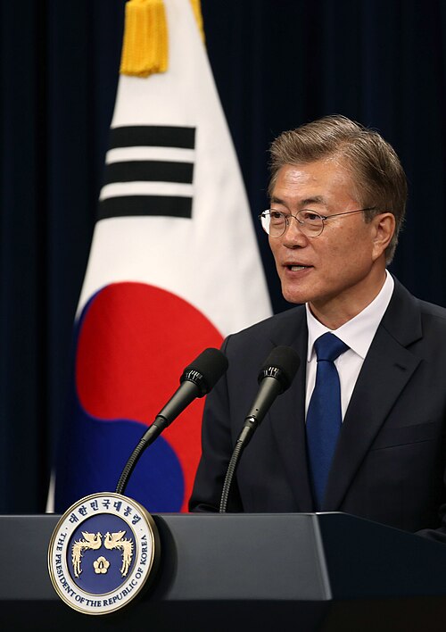 Moon at his first press conference as president in 2017