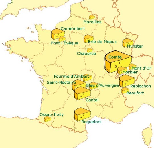 A map of major French AOC cheeses – the size of the symbol equates to the size of production