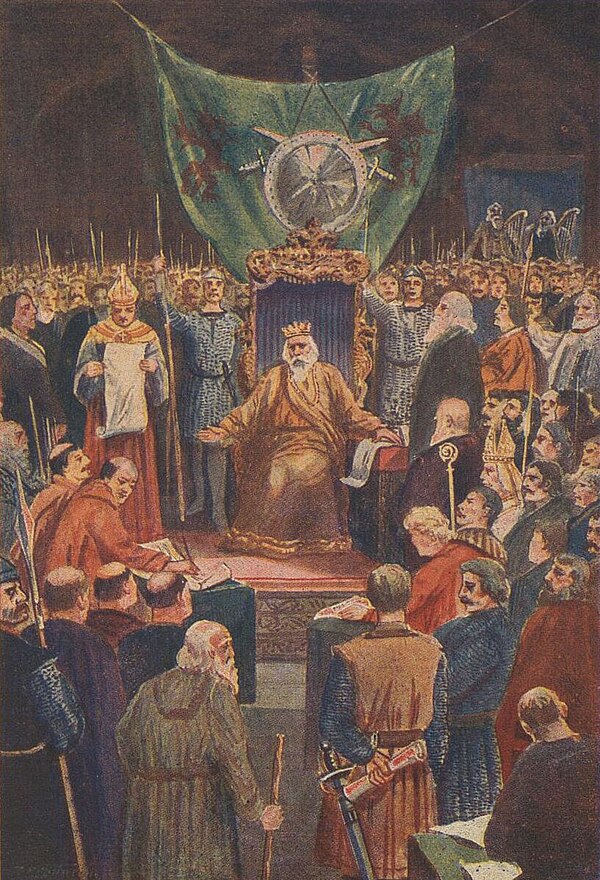 Modern depiction of Hywel Dda proclaiming the laws.