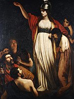 رسم لامرأة، ذراعها ممدودة، ترتدي فستانًا أبيض مغطى بعباءة حمراء، وتضع على رأسها خوذة، وإلى جانبها حشد من الناس.