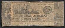One dollar note with illustrations of a standing female figure, a seated female allegorical figure holding a scythe and rake; sailing vessels; steam engine, and a building