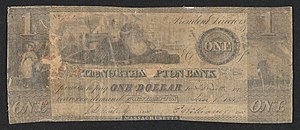 One dollar note with illustrations of a standing female figure, a seated female allegorical figure holding a scythe and rake; sailing vessels; steam engine, and a building