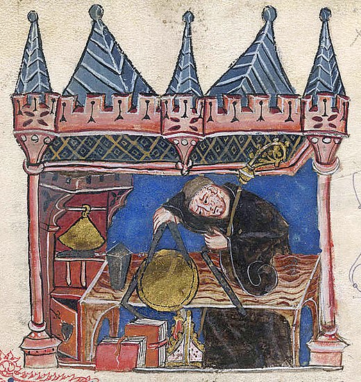 Richard van Wallingford in de weer met zijn klok in een veertiende-eeuwse miniatuur.