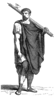 Pintura a preto e branco.  Um lictor em uma toga carregando os embrulhos.