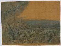 Landscape with overhanging fir label QS:Len,"Landscape with overhanging fir" label QS:Lpl,"Pejzaż ze zwisającymi jodłami" label QS:Lnl,"Landschap met de sparrentak" circa 1615-1630. etching print and color on linen. 14.9 × 19.9 cm (5.8 × 7.8 in). Amsterdam, Rijksmuseum Amsterdam.