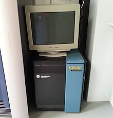 A photo of an SGI Challenge workstation: a computer monitor sits atop its tower.