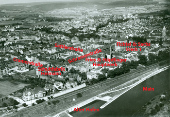 Luftfoto vor dem 2. Weltkrieg. Aus den Arealen Fichtel & Sachs Werk 1, Fries & Höpflinger Hauptwerk und Schuhfabrik Heimann ging das Werk 1 der VKF hervor (ab 1953 SKF)