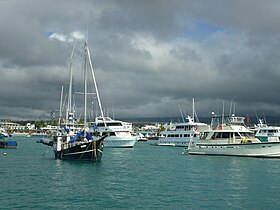 Sail Boat and Motor Boats in Puerto Ayora Galapagos