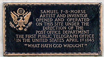 Plaque at the first telegraph office Samuel Morse plaque.jpg