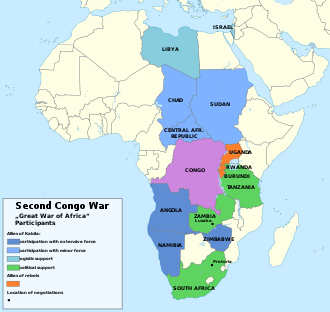 Belligerents of the Second Congo War. Burundi backed the rebels. Second Congo War Africa map en.svg