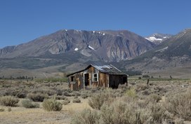 Gubuk-gubuk di Rute 395 dengan Kuna Puncak, Parker Puncak dan Mt. Dana pegunungan di kejauhan, yang terletak beberapa mil dari Taman Nasional Yosemite di California LCCN2013633176.tif